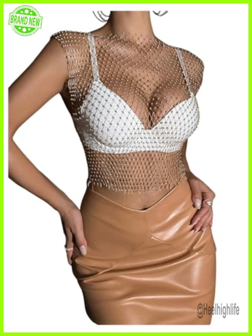 Glitter Fishnet Mesh Sleeveless Rhinestone Crop Tank Top for Concert Rave Night